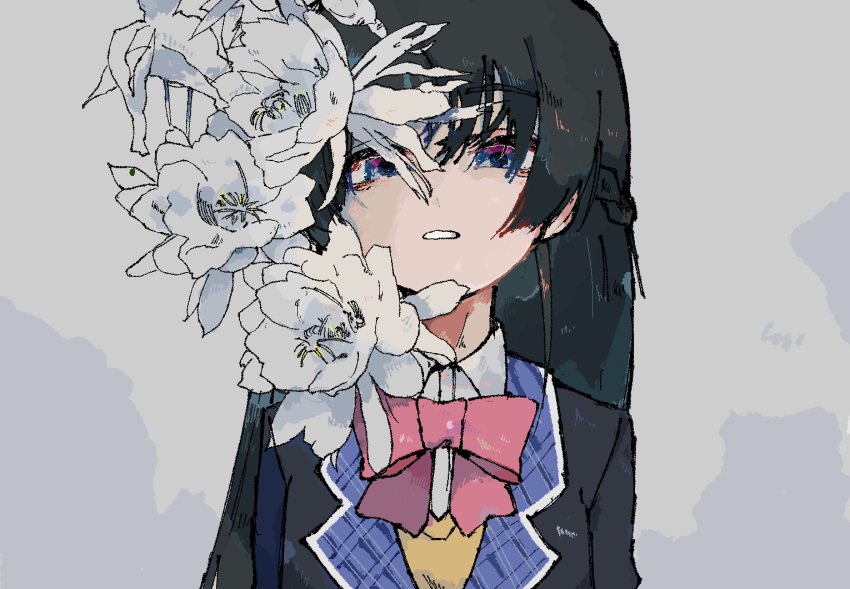 1girl, black_hair, black_jacket, blue_eyes, bow, bowtie, collared_shirt, commentary_request