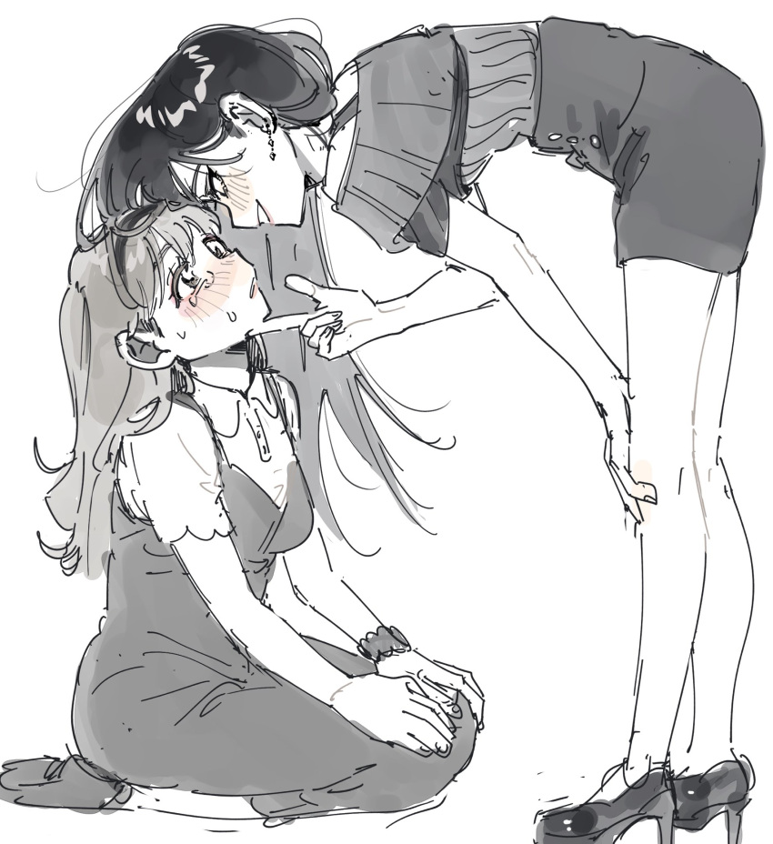 2girls, blush, collared_shirt, commentary_request, crying, crying_with_eyes_open, dress, earrings