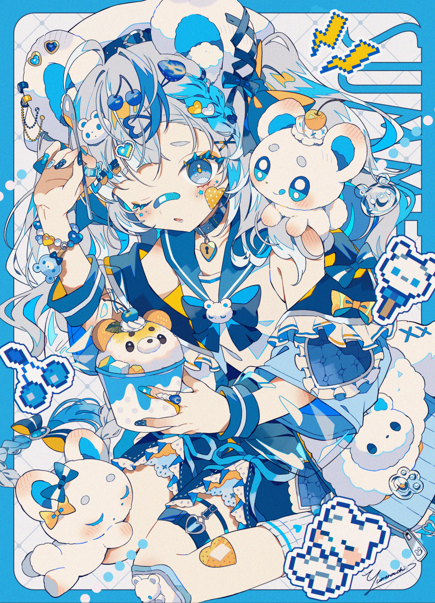 1girl, :q, animal-themed_food, animal_ear_fluff, animal_ear_piercing, animal_ears, animal_on_shoulder, bandaid