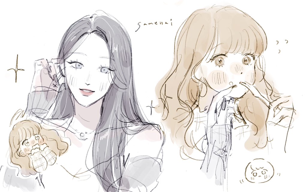 2girls, artist_name, bare_shoulders, black_hair, black_nails, blue_eyes, blush, brown_eyes