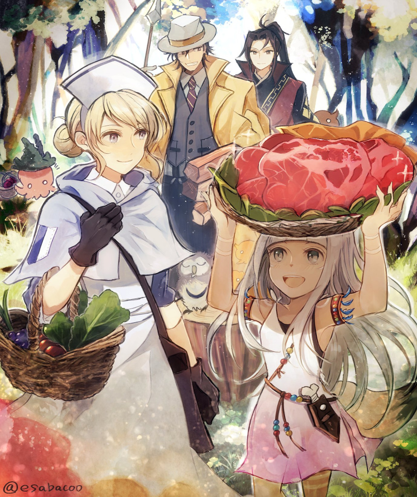 2boys, 2girls, :d, arched_bangs, basket, bird, black_gloves, black_hair