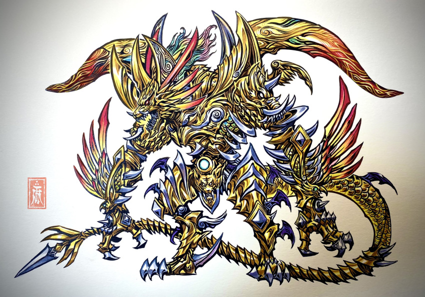 1boy, amemiya_keita, arm_blade, armor, claws, concept_art, creature_request, dragon_horns