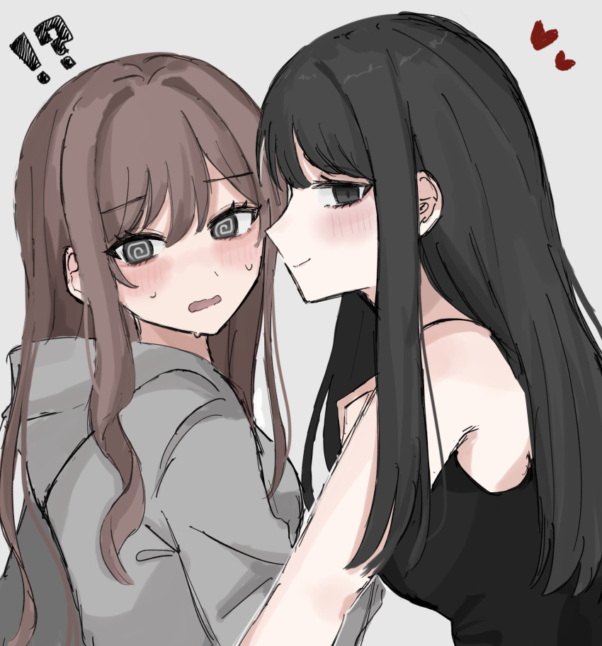 !?, 2girls, @_@, bare_arms, black_camisole, black_eyes, black_hair, blush