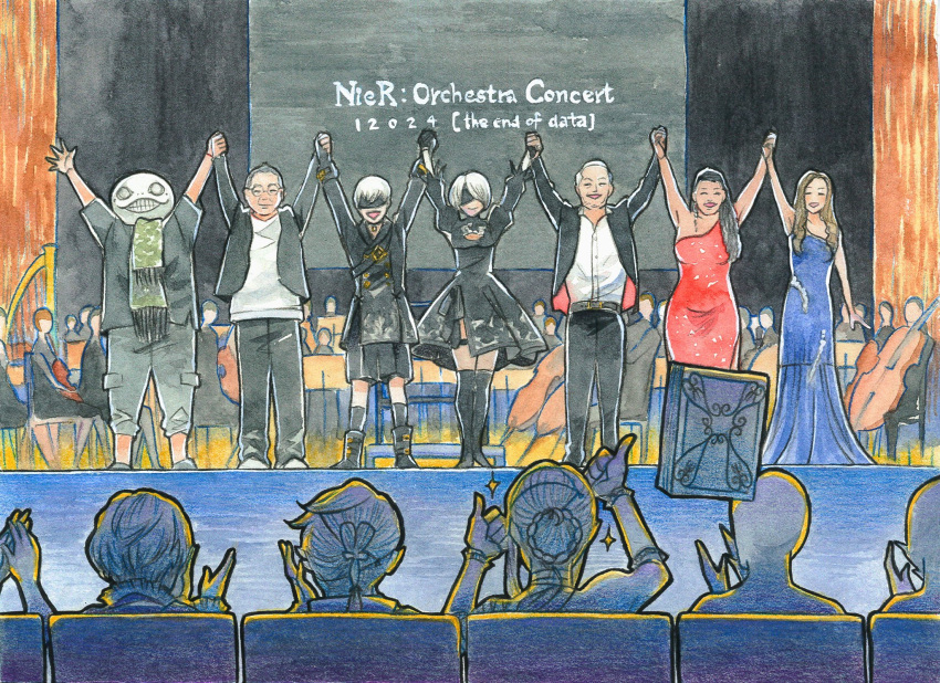 2b_(nier:automata), 4girls, 6+boys, 9s_(nier:automata), arms_up, audience, bandaged_neck, bandages