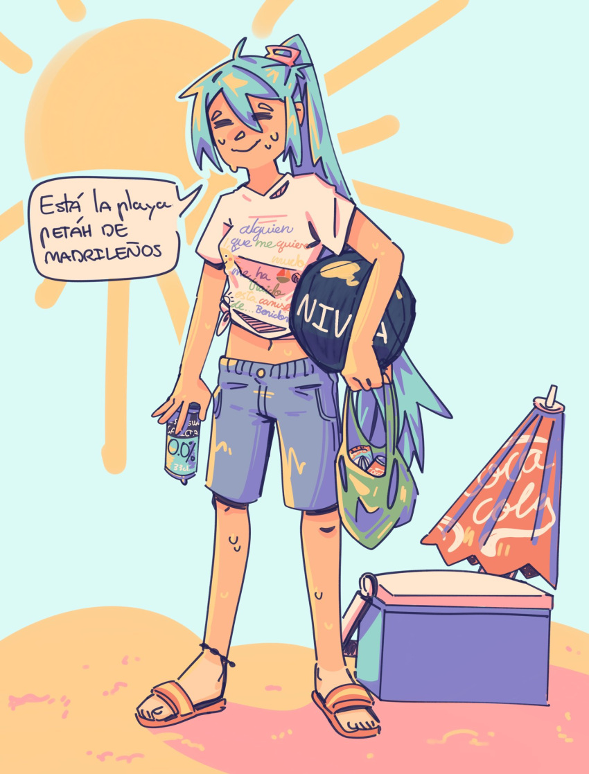 1girl, anklet, aqua_hair, bag, ball, beach, beach_umbrella, beachball