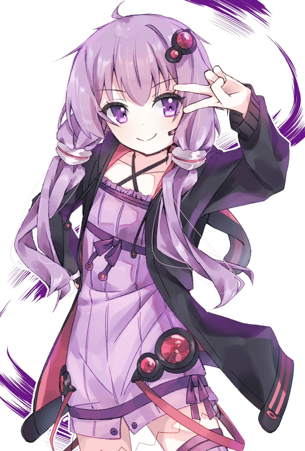 1girl, black_jacket, closed_mouth, cowboy_shot, criss-cross_halter, dress, hair_ornament, halterneck