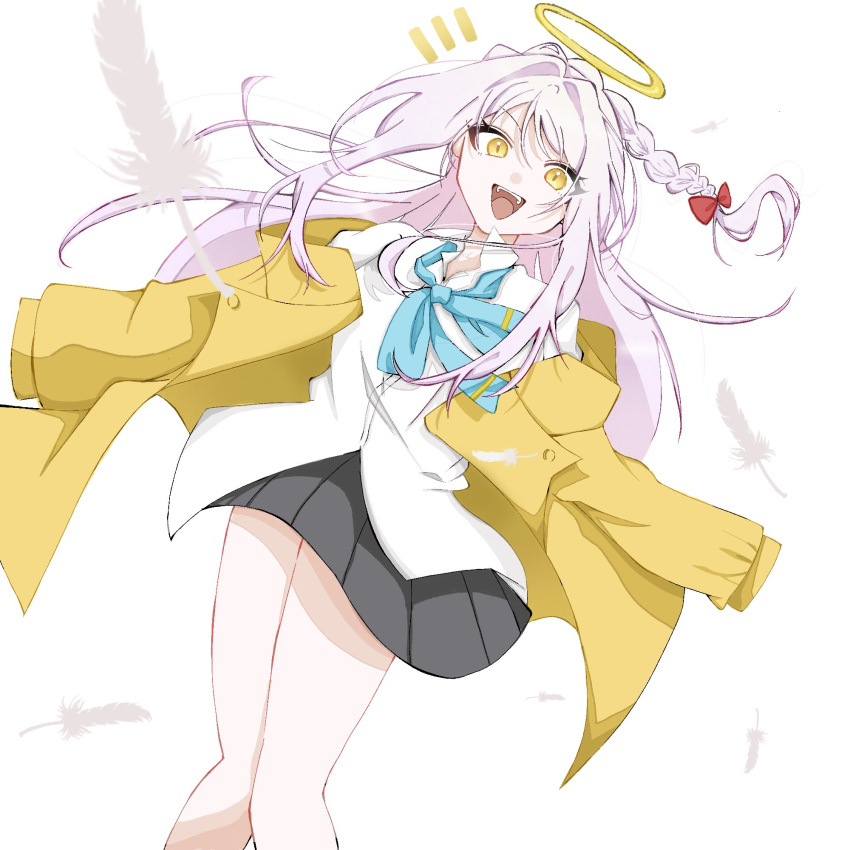1girl, angel, black_skirt, blue_bow, blue_bowtie, bow, bowtie, braid