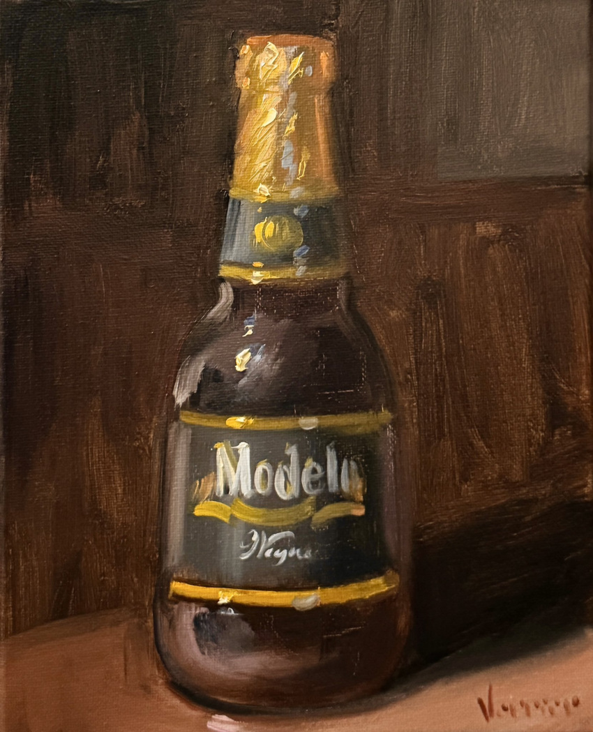 alcohol, beer, commentary, drink, english_commentary, english_text, food_focus, highres, label, modelo_(beer), no_humans, noah_verrier, oil_painting_(medium), original, painting_(medium), shadow, signature, table, traditional_media, wooden_table