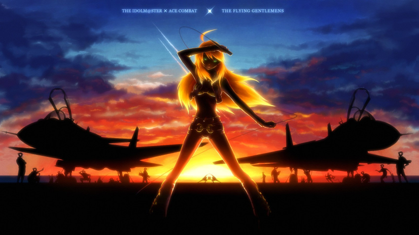 16:9, ace_combat, ahoge, airplane, blonde_hair, boots, crossover, engrish