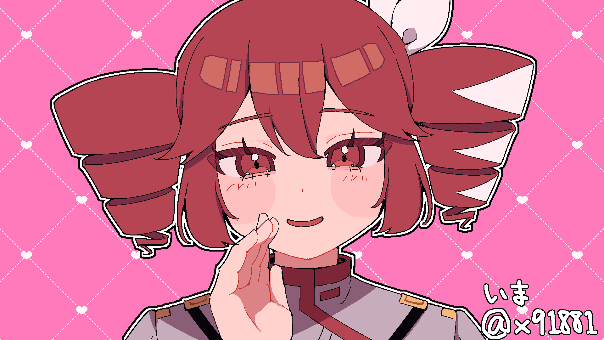 1girl, blush_stickers, commentary_request, drill_hair, furuima, hair_ribbon, hand_up, highres, kasane_teto, kasane_teto_(sv), looking_at_viewer, open_mouth, pink_background, portrait, red_eyes, redhead, ribbon, smile, solo, synthesizer_v, twin_drills, twintails, utau