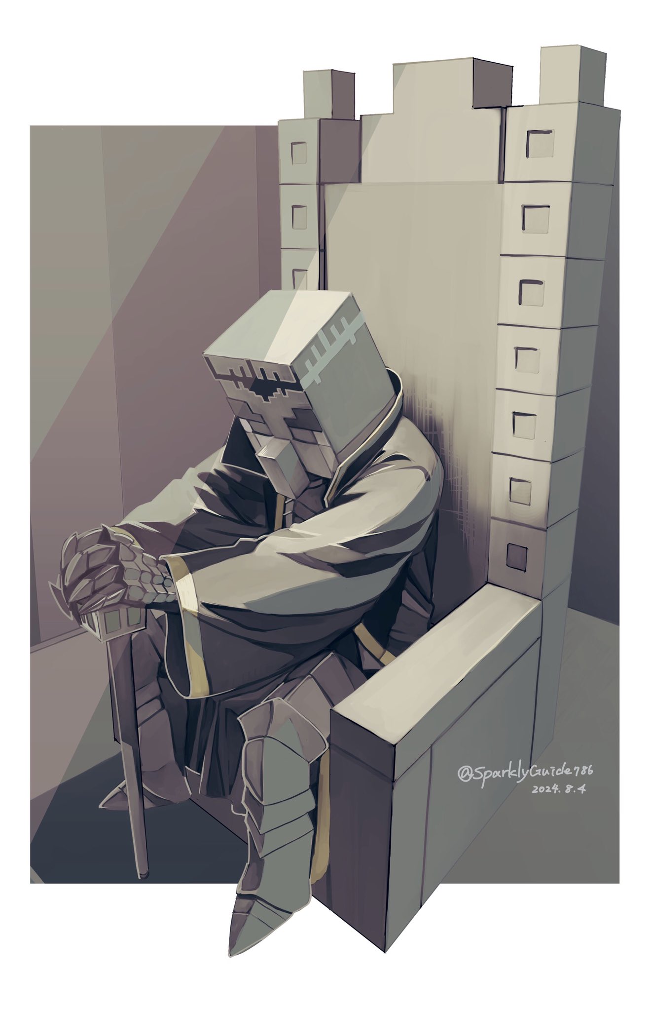 1boy, armor, black_jacket, colored_skin, dated, gauntlets, greaves, grey_eyes, grey_skin, highres, illager_(minecraft), jacket, looking_down, male_focus, metal_gloves, minecraft, shadow, sitting, solo, sparklyguide, throne, twitter_username