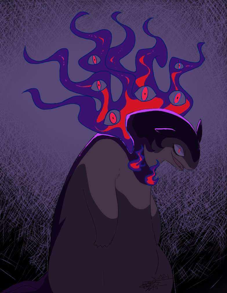 black_fur, crazy_eyes, fire, hisuian_typhlosion, horror_(theme), looking_at_viewer, no_humans, open_mouth