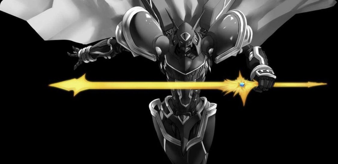 alphamon, armor, black_background, cape, commentary, commentary_typo, commission, digimon