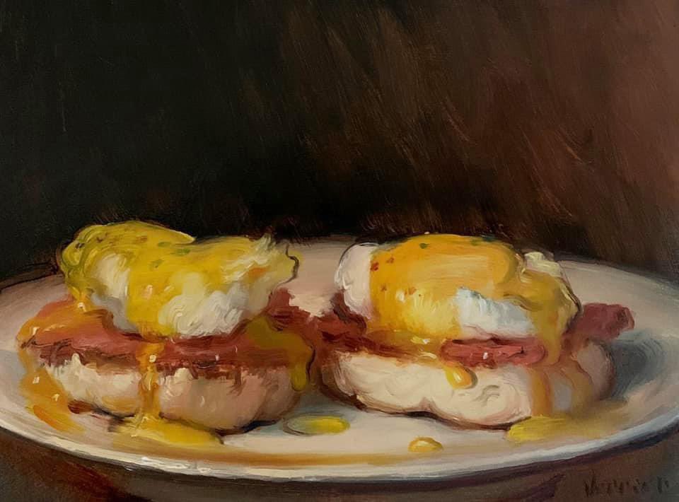 brown_background, commentary, egg_(food), egg_yolk, english_commentary, english_muffin, food, food_focus, meat, no_humans, noah_verrier, oil_painting_(medium), original, painting_(medium), plate, signature, traditional_media
