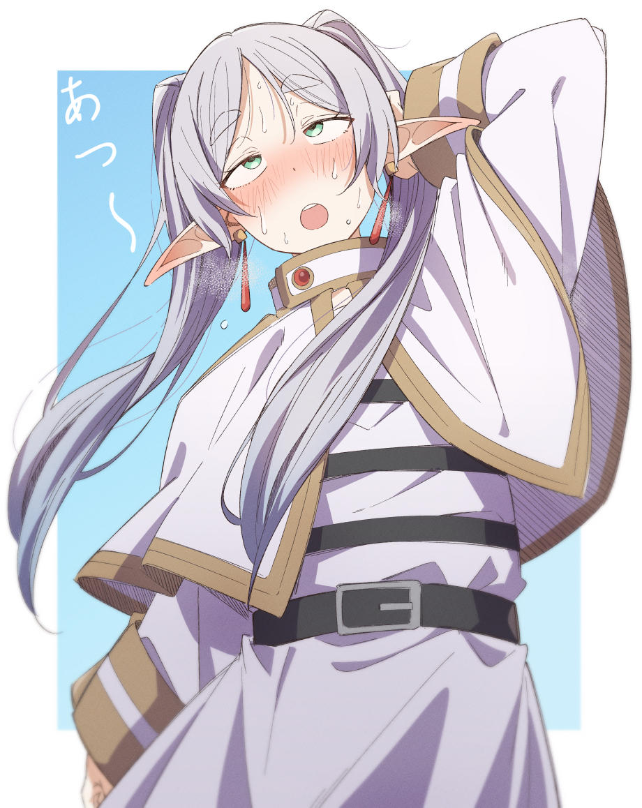 1girl, arm_behind_head, arm_up, belt, blue_background, blush, border, eitopondo