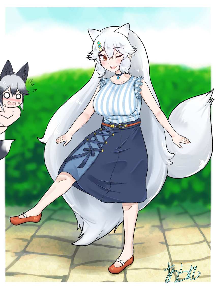 2girls, alternate_costume, animal_ears, aramaru, arctic_fox_(kemono_friends), blue_choker, blue_skirt, blush