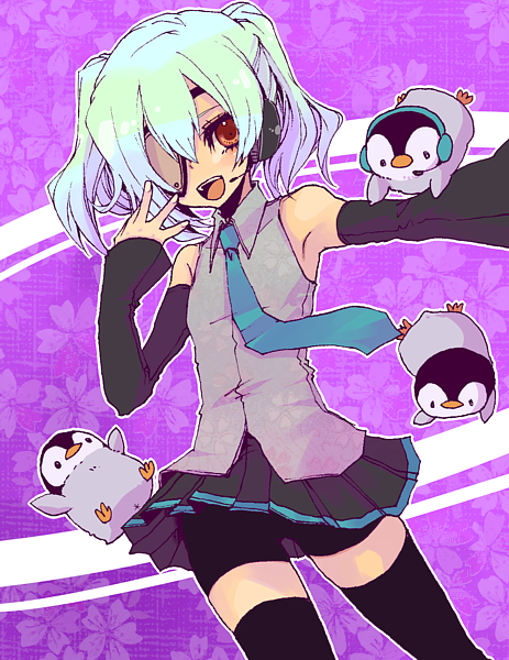 1boy, bike_shorts, bird, cosplay, detached_sleeves, eyepatch, hatsune_miku, hatsune_miku_(cosplay)