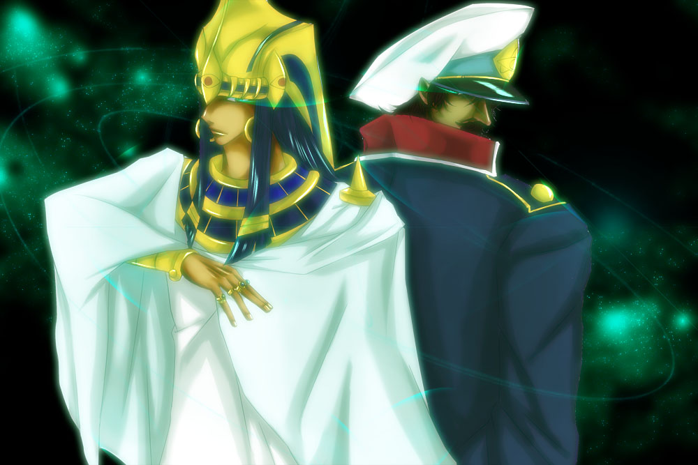 blue_hair, brown_hair, cape, captain_uniform, earrings, emperor_neo, facial_hair, fushigi_no_umi_no_nadia