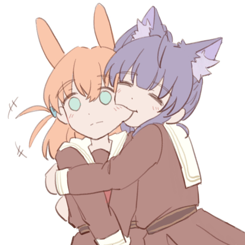 +++, 2girls, animal_ear_fluff, animal_ears, aqua_eyes, biting, blush, brown_dress
