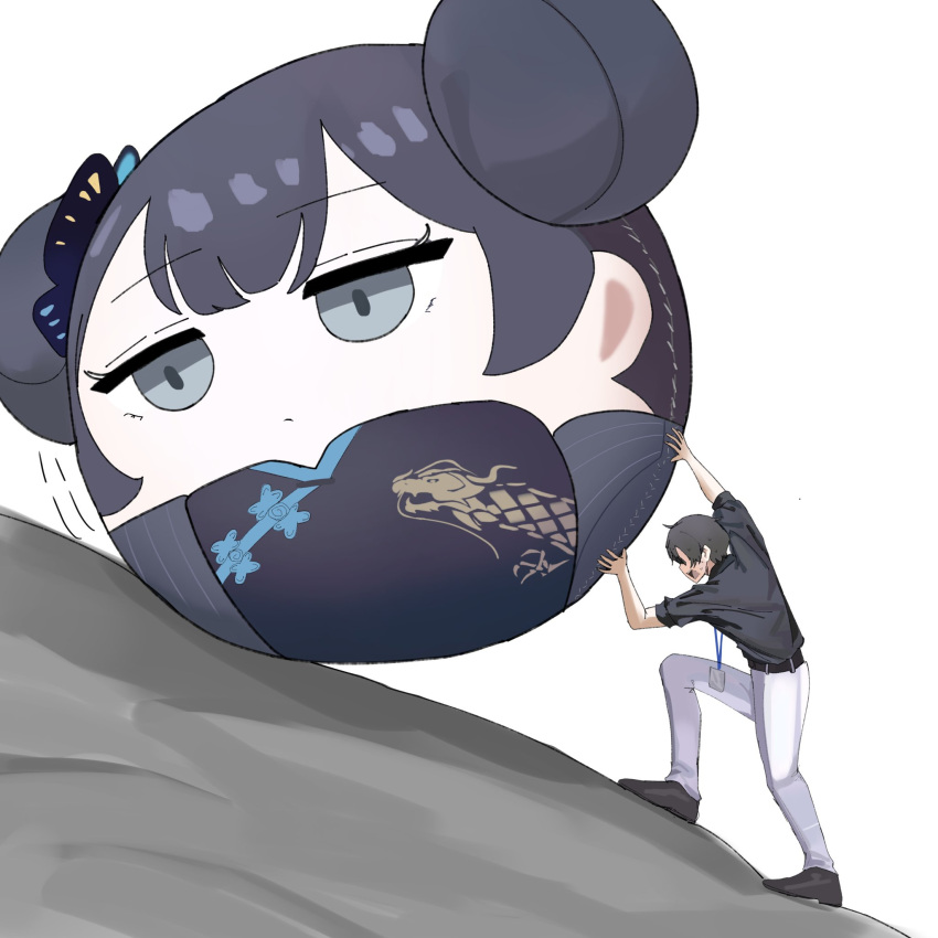 1boy, 1girl, black_hair, blue_archive, boulder, double_bun, dragon_print, expressionless