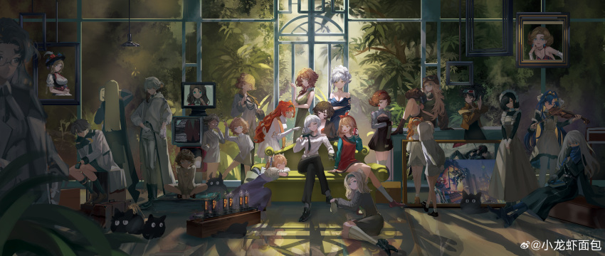 1other, 2boys, 6+girls, :d, :o, absurdres, adjusting_clothes, adjusting_necktie