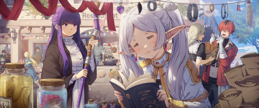 5boys, 5girls, absurdres, bandaged_arm, bandages, blonde_hair, blush, book