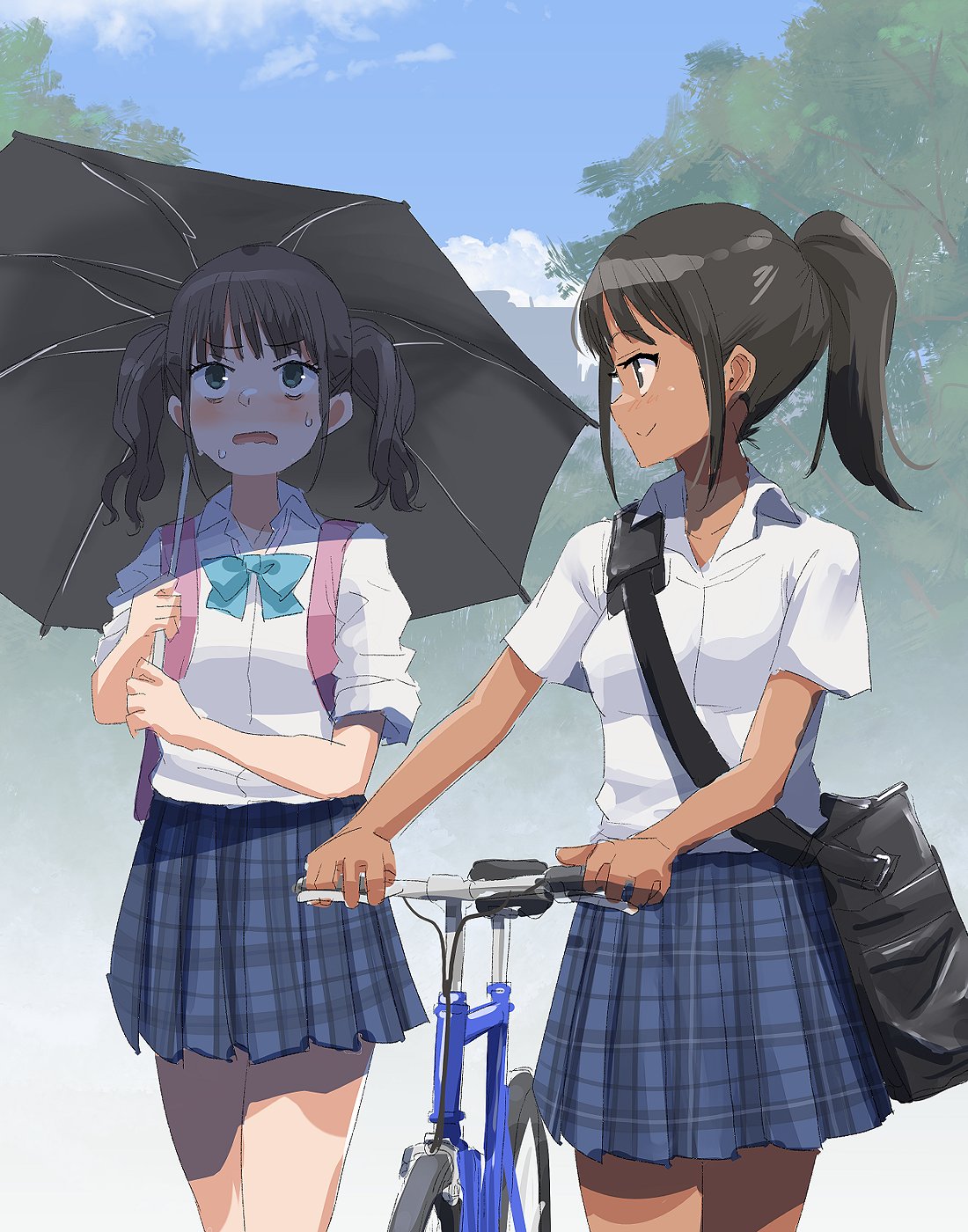 2girls, bag, bags_under_eyes, bicycle, blue_bow, blue_bowtie, blush, bow, bowtie, clouds, collared_shirt, commentary_request, cowboy_shot, dress_shirt, highres, holding, holding_handlebar, holding_umbrella, looking_at_another, multiple_girls, okiru, open_mouth, original, outdoors, plaid_clothes, plaid_skirt, pleated_skirt, profile, purple_skirt, school_bag, school_uniform, shirt, short_sleeves, skirt, sweat, tan, tree, umbrella, wavy_mouth, white_shirt