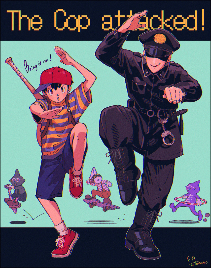 black_footwear, black_hair, black_pants, blue_shorts, boots, border, commentary, cuffs, english_text, hair_between_eyes, handcuffs, hat, helmet, highres, hoop, hula_hoop, kwsby_124, long_sleeves, male_focus, mother_(game), mother_2, multiple_boys, ness_(mother_2), pants, pogo_stick, police, police_uniform, policeman, red_footwear, red_hat, shaded_face, shirt, shoes, short_sleeves, shorts, sideways_hat, signature, simple_background, skateboard, sneakers, socks, standing, standing_on_one_leg, striped_clothes, striped_shirt, symbol-only_commentary, two-tone_background, uniform, white_socks