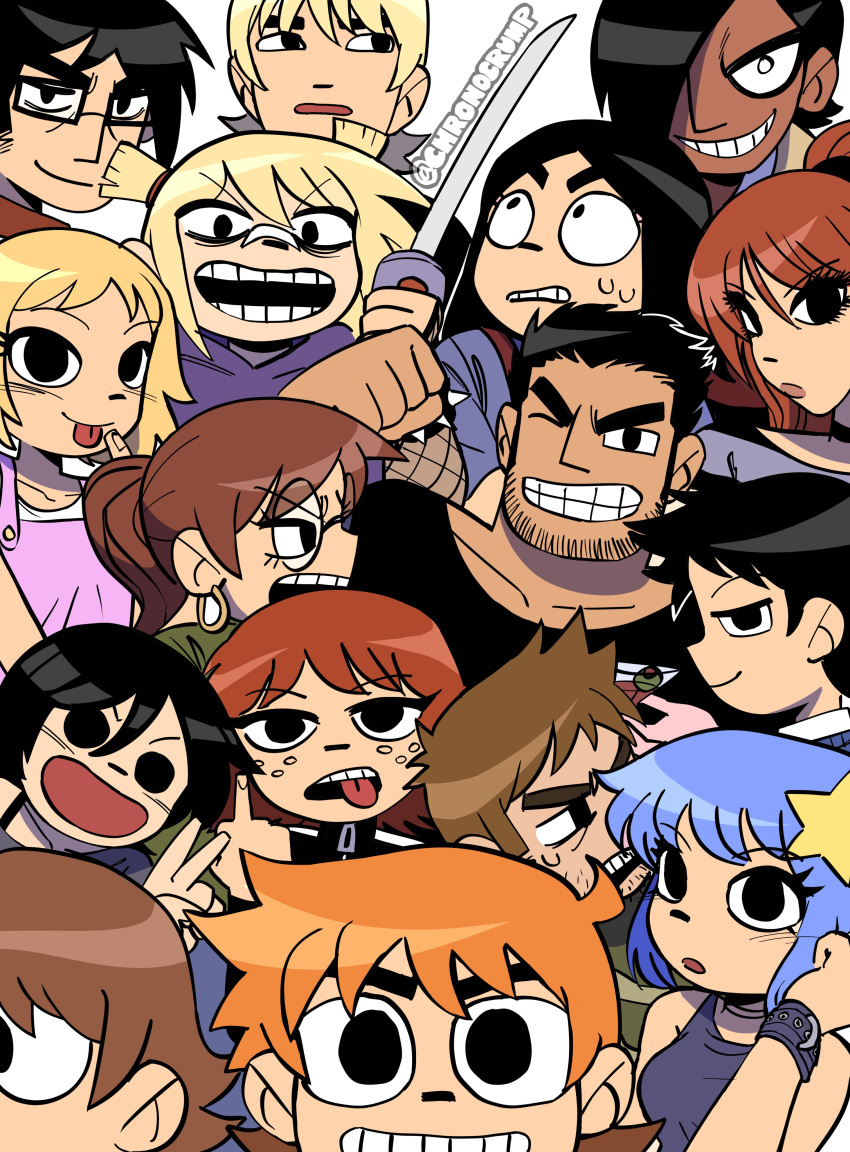 6+boys, 6+girls, absurdres, bandaid, bandaid_on_face, bandaid_on_nose, beard_stubble, black_choker