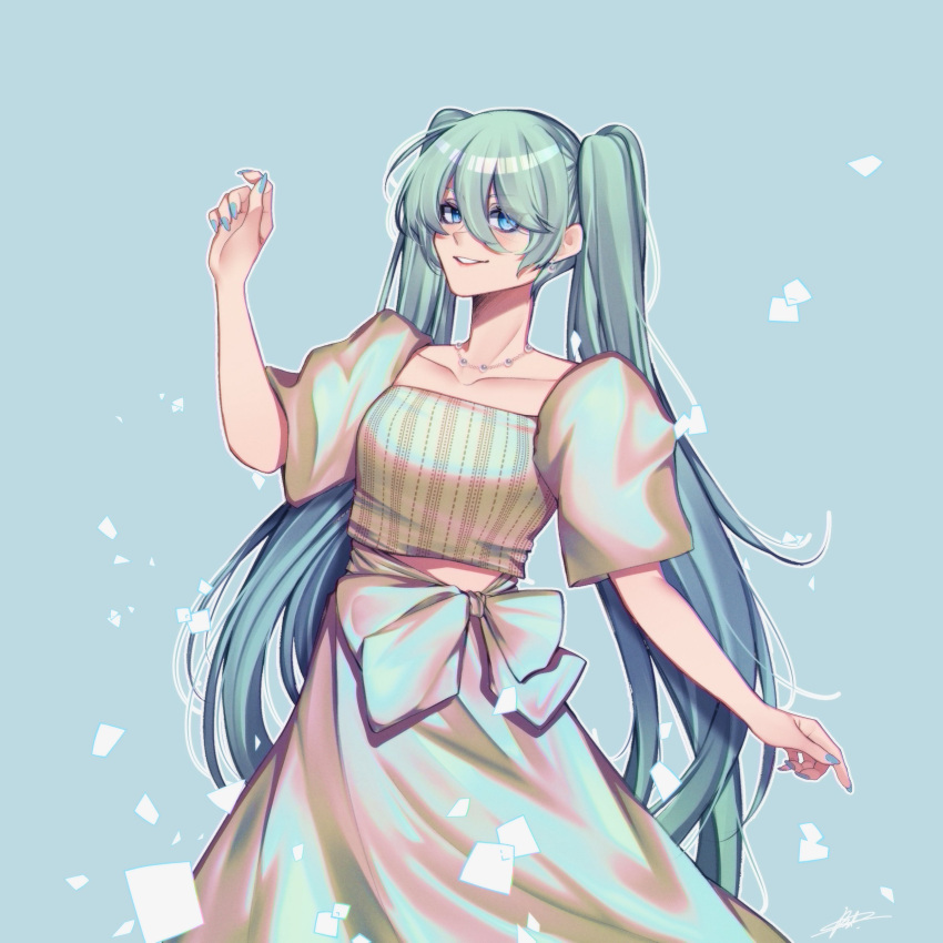 1girl, absurdres, alternate_costume, aqua_eyes, aqua_hair, aqua_nails, darkflower_31, filipino_clothes, hair_between_eyes, hatsune_miku, highres, jewelry, long_hair, looking_at_viewer, necklace, parted_lips, puffy_short_sleeves, puffy_sleeves, short_sleeves, smile, solo, very_long_hair, vocaloid