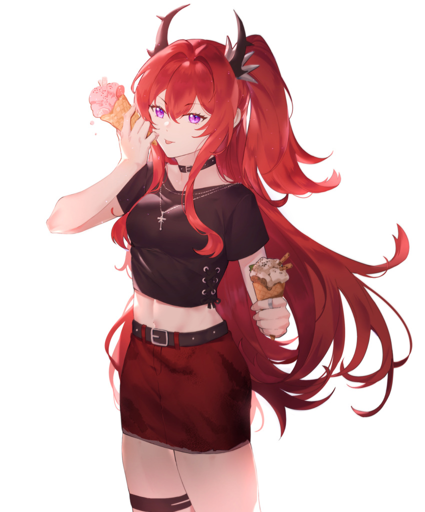 1girl, :p, arknights, belt, black_choker, black_shirt, choker, cowboy_shot, cross, cross_necklace, food, highres, holding, holding_food, holding_ice_cream, horns, ice_cream, jewelry, long_hair, looking_at_viewer, midriff, necklace, official_alternate_costume, red_skirt, redhead, ring, shirt, short_sleeves, skirt, solo, surtr_(arknights), surtr_(liberte_echec)_(arknights), thigh_strap, tongue, tongue_out, violet_eyes, yaner_10