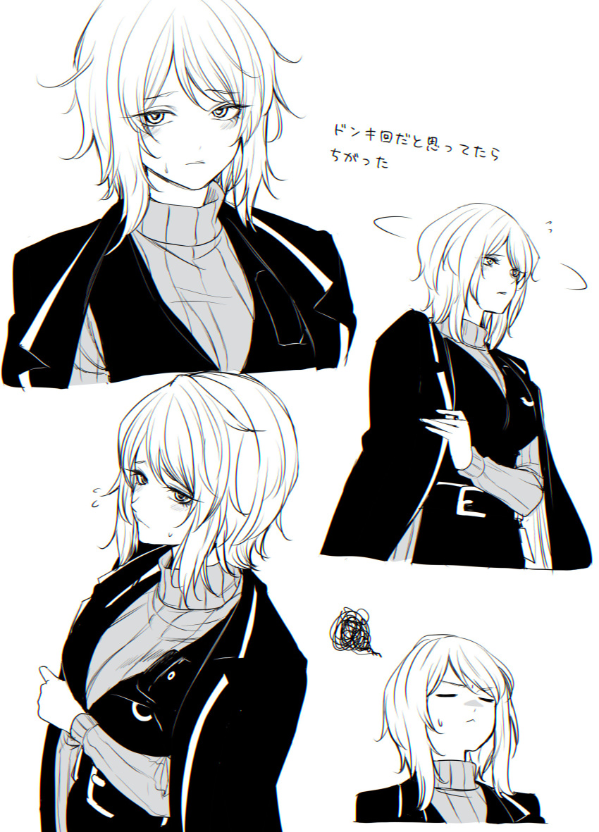 1girl, absurdres, annoyed, expressions, faust_(project_moon), greyscale, highres, limbus_company, maki_maki_(makimakipoipoi), monochrome, project_moon, scribble, short_hair, simple_background, solo, striped_clothes, sweat, sweater, translation_request, turtleneck, turtleneck_sweater, upper_body, vertical-striped_clothes, white_background