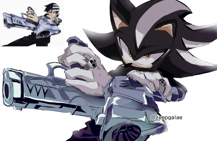 1boy, aiming, aiming_at_viewer, aliasing, alternate_costume, alternate_eye_color, alternate_hair_color, animal_ears