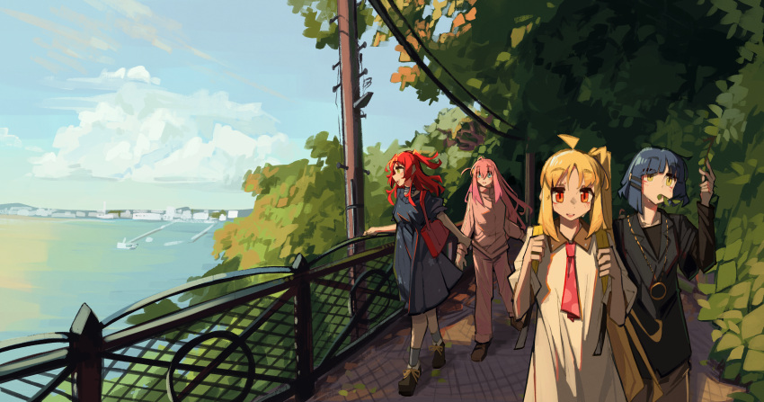 4girls, absurdres, ahoge, backpack, bag, black_shirt, blonde_hair, blue_dress