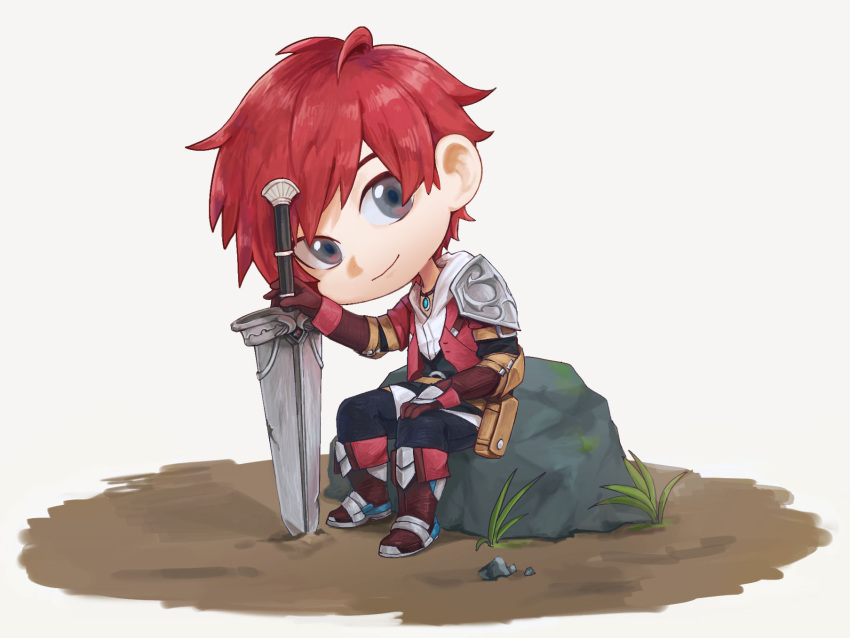 1boy, adol_christin, ahoge, armor, chibi, dirt, full_body, gloves, grass, highres, huge_weapon, parted_bangs, pauldrons, planted, planted_sword, redhead, rock, sdeoggye, short_hair, shoulder_armor, simple_background, single_pauldron, sitting, solo, sword, weapon, white_background, ys
