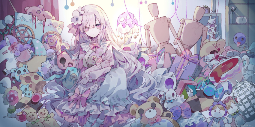 1girl, bow, checkerboard_cookie, closed_mouth, commentary_request, cookie, crescent, cup, curtains, doll, dress, flower, food, hair_flower, hair_ornament, highres, holding, holding_stuffed_toy, indoors, loaded_interior, long_hair, looking_at_viewer, mahou_shoujo_no_majo_saiban, mannequin, messy_room, natsume_anan, official_art, pink_bow, pink_eyes, second-party_source, sitting, solo, stuffed_animal, stuffed_rabbit, stuffed_toy, teacup, teddy_bear, umemaro_(siona0908), very_long_hair, white_flower, white_hair, window