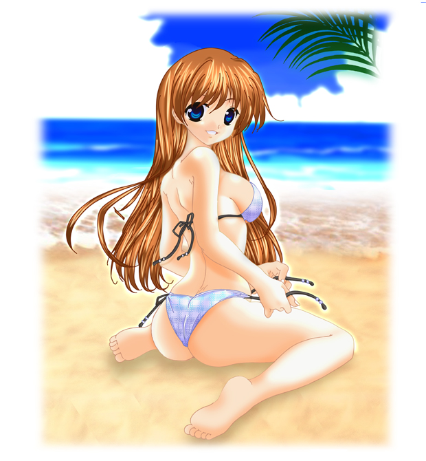 barefoot, beach, bikini, blue_eyes, brown_hair, hinoe_riho, kneeling, looking_back
