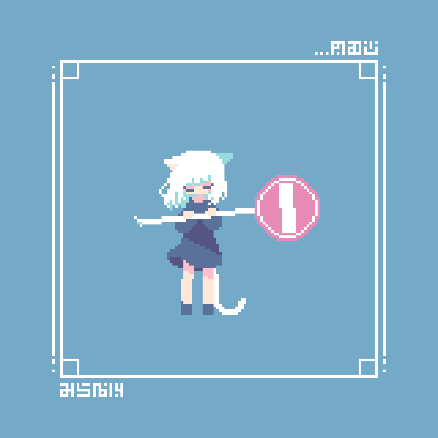 1girl, animal_ears, blue_background, blue_dress, blue_tunic, cat_ears, cat_girl, cat_tail, closed_eyes, commentary, dotpict_(medium), dress, full_body, highres, holding, holding_sign, inset_border, long_sleeves, looking_down, medium_hair, mira_14gou, negative_space, original, pixel_art, road_sign, sign, signature, simple_background, solo, square, stop_sign, tail, tunic, white_hair