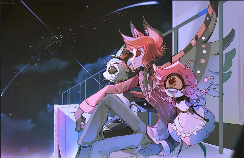 1girl, 2boys, :d, ahoge, alastor_(hazbin_hotel), animal_ears, antlers, apron, black_hair, black_hat, black_pants, black_scarf, black_sclera, black_skin, blush_stickers, breasts, building, colored_sclera, colored_skin, commentary_request, cyclops, dress, eyeshadow, fence, fingerless_gloves, frilled_apron, frills, furry, furry_male, gloves, hat, hazbin_hotel, highres, horns, husk_(hazbin_hotel), korean_commentary, ledge, looking_up, makeup, medium_breasts, multiple_boys, niffty_(hazbin_hotel), night, one-eyed, pants, pink_dress, red_eyeshadow, red_suit, redhead, satisfied, scarf, sharp_teeth, simi_h666, sky, smile, star_(sky), starry_sky, suit, teeth, top_hat, upper_teeth_only, white_skin, wings, yellow_eyes, yellow_sclera