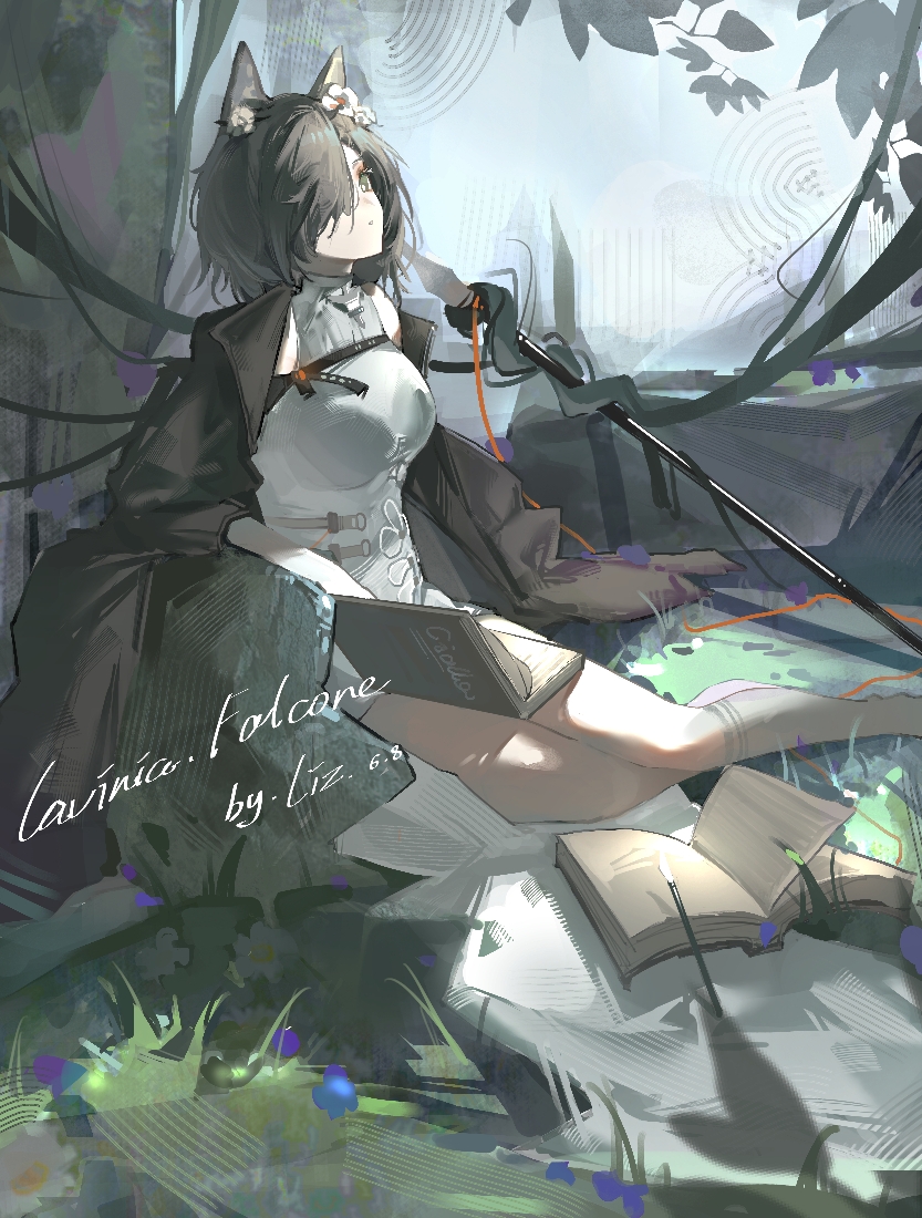 1girl, animal_ears, arknights, black_jacket, brown_hair, dress, feet_out_of_frame, flower