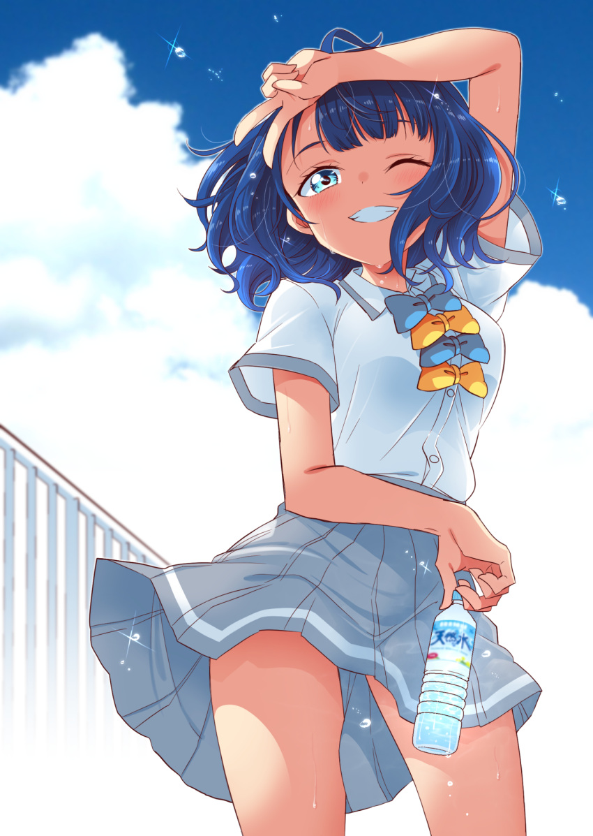 1girl, ahoge, arm_over_head, blue_bow, blue_bowtie, blue_eyes, blue_hair, blue_sky