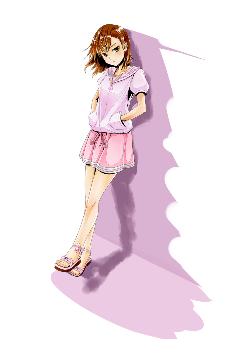 brown_hair, casual, highres, hooded_top, legs, misaka_mikoto, open_toe_shoes, pleated_skirt