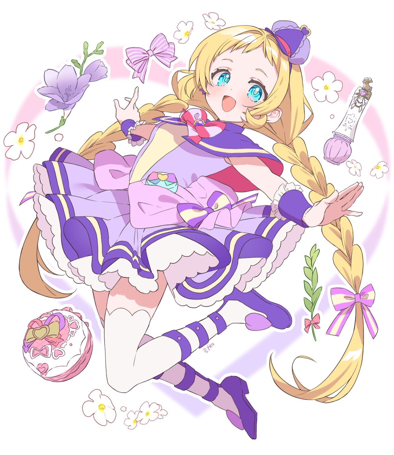 1girl, :d, ankle_strap, aqua_eyes, blonde_hair, blush, bow, brooch