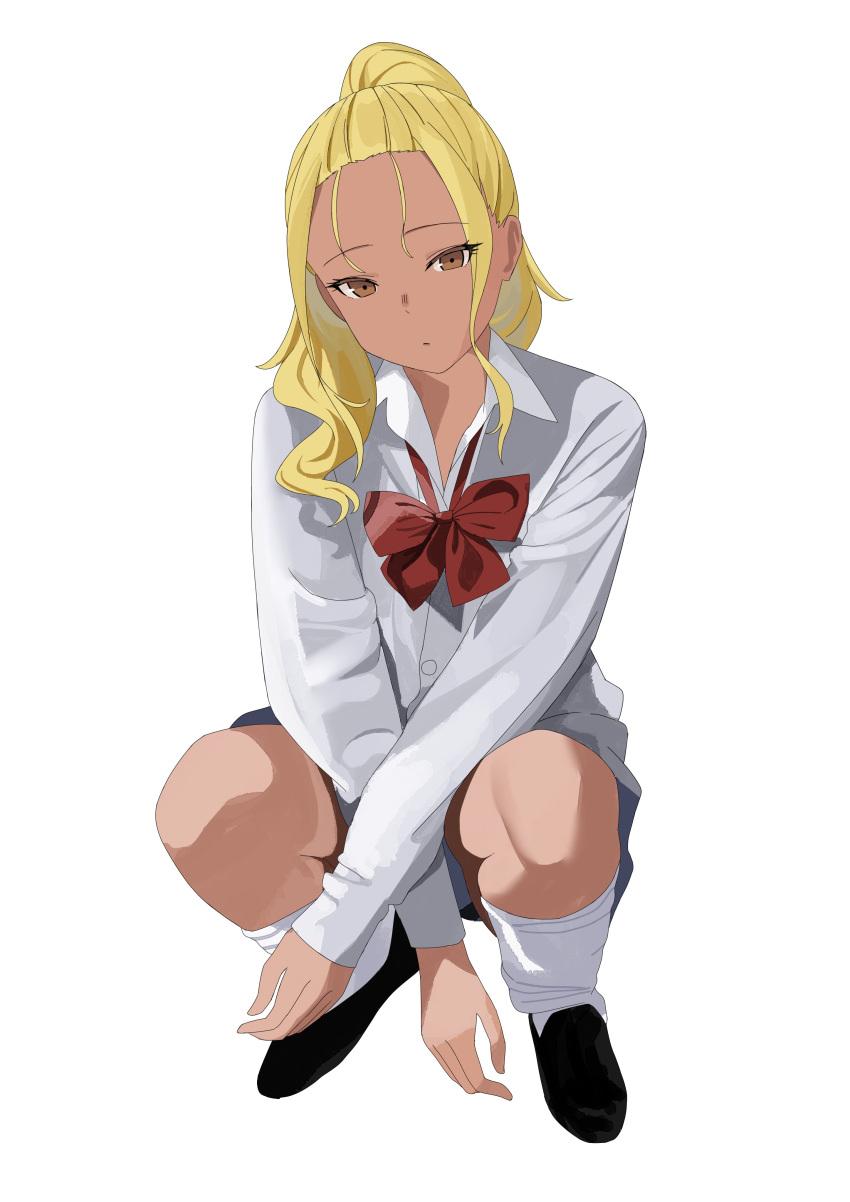 1girl, absurdres, black_footwear, blonde_hair, blue_skirt, bow, brown_eyes, closed_mouth