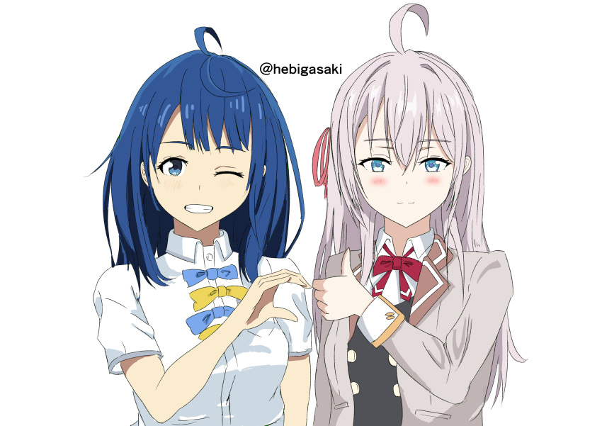2girls, absurdres, ahoge, alisa_mikhailovna_kujou, blazer, blue_bow, blue_bowtie, blue_eyes