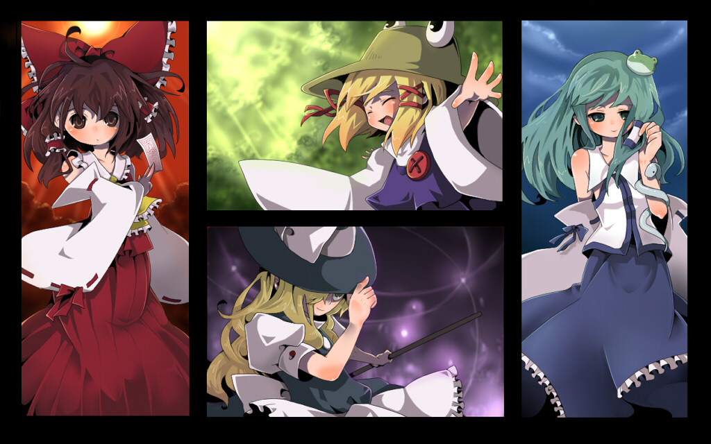 closed_eyes, detached_sleeves, eyes_closed, hakurei_reimu, hakuyuuuta, hand_on_hat, hat, hat_over_eye, hat_over_one_eye, kirisame_marisa, kochiya_sanae, miko, moriya_suwako, multiple_girls, ofuda, outstretched_arms, spread_arms, touhou, wide_sleeves