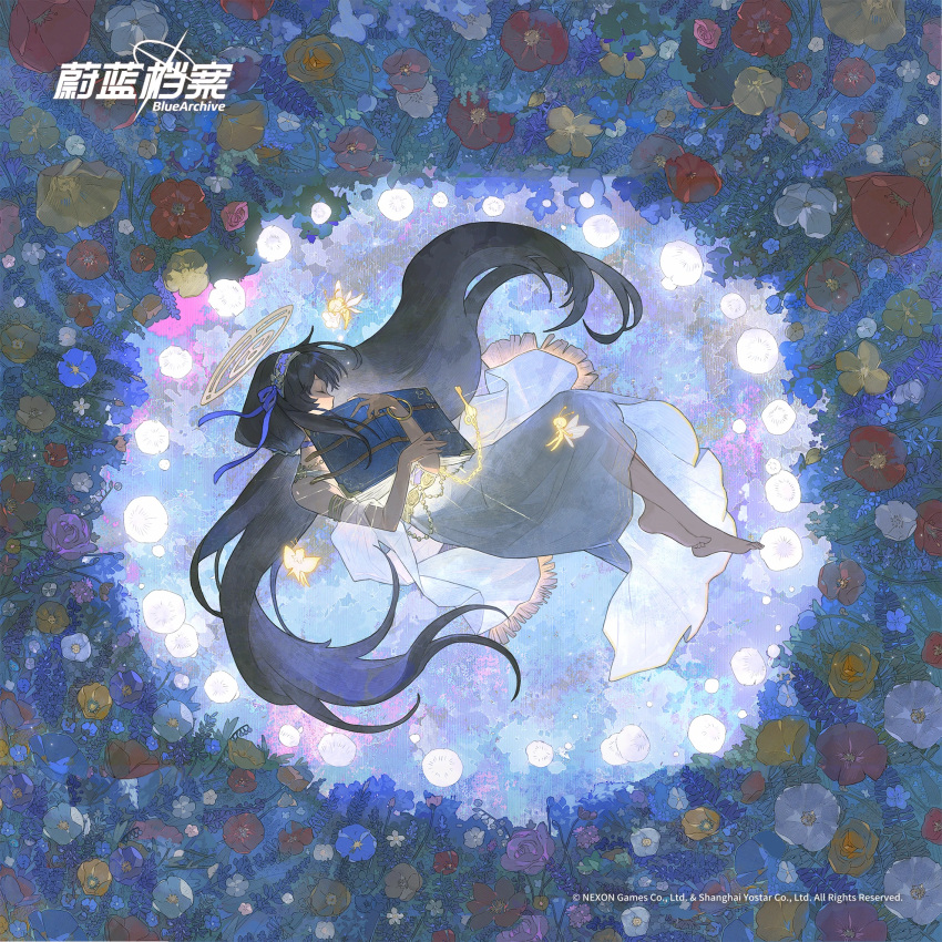 1girl, barefoot, black_hair, blue_archive, book, closed_eyes, copyright_name, copyright_notice, dress, expressionless, field, flower, flower_field, fukurou_(linxiao_2024), glowing, hairband, halo, highres, holding, holding_book, long_dress, long_hair, lying, official_alternate_costume, official_art, on_side, open_book, purple_hairband, purple_ribbon, ribbon, see-through, see-through_dress, solo, straight_hair, ui_(blue_archive), very_long_hair, watermark, white_dress, yellow_halo