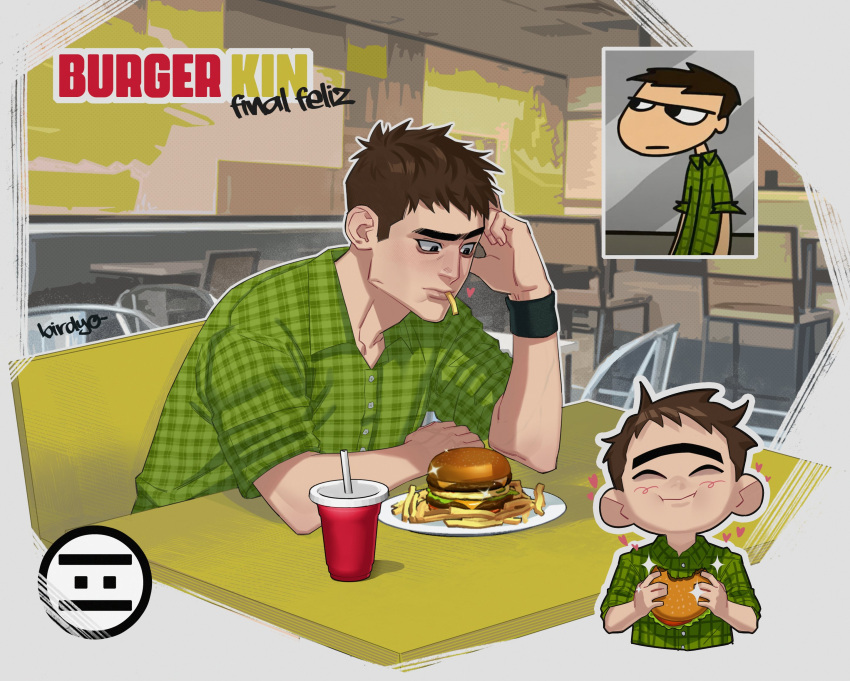 1boy, black_eyes, brown_hair, burger, chibi, closed_mouth, cup, disposable_cup