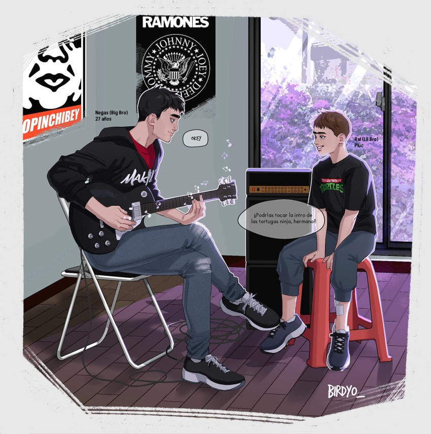2boys, aged_down, black_eyes, black_hoodie, black_shirt, brothers, brown_hair, crossed_legs