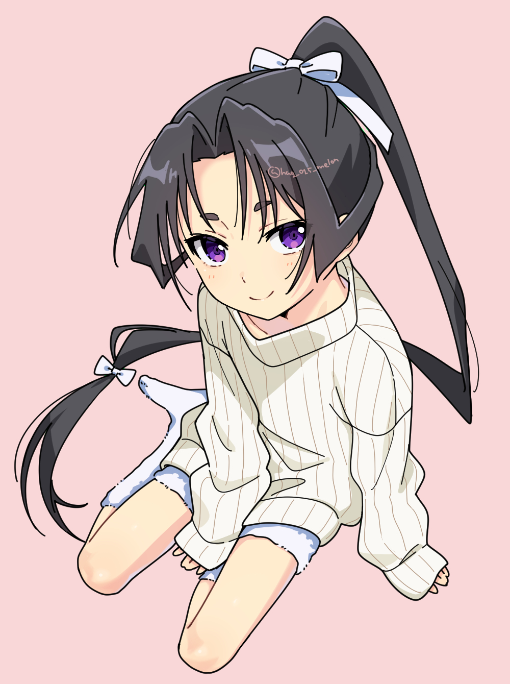 1boy, black_hair, bow, collarbone, contemporary, from_above, fuzzy_clothes, hag_(hag_015)